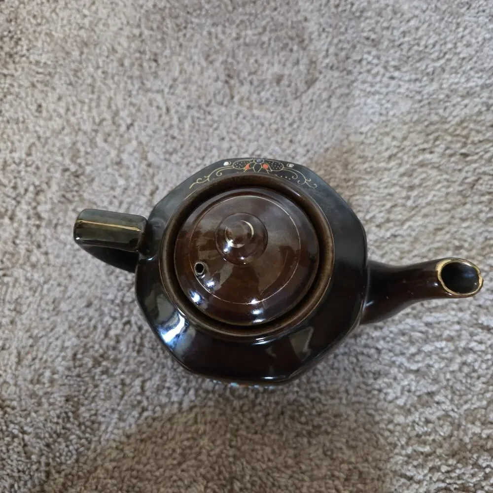 Vintage Art Deco Hand Painted Floral Teapot W/Lid ACME Japan Brown